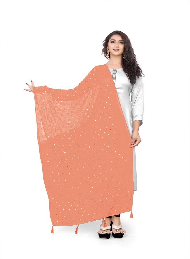 themilestocks TMS Woman's Embroidered Chiffon Dupatta Scarf Shawl Wrap Soft Indian Bridal Wedding (Coral) - Image 1